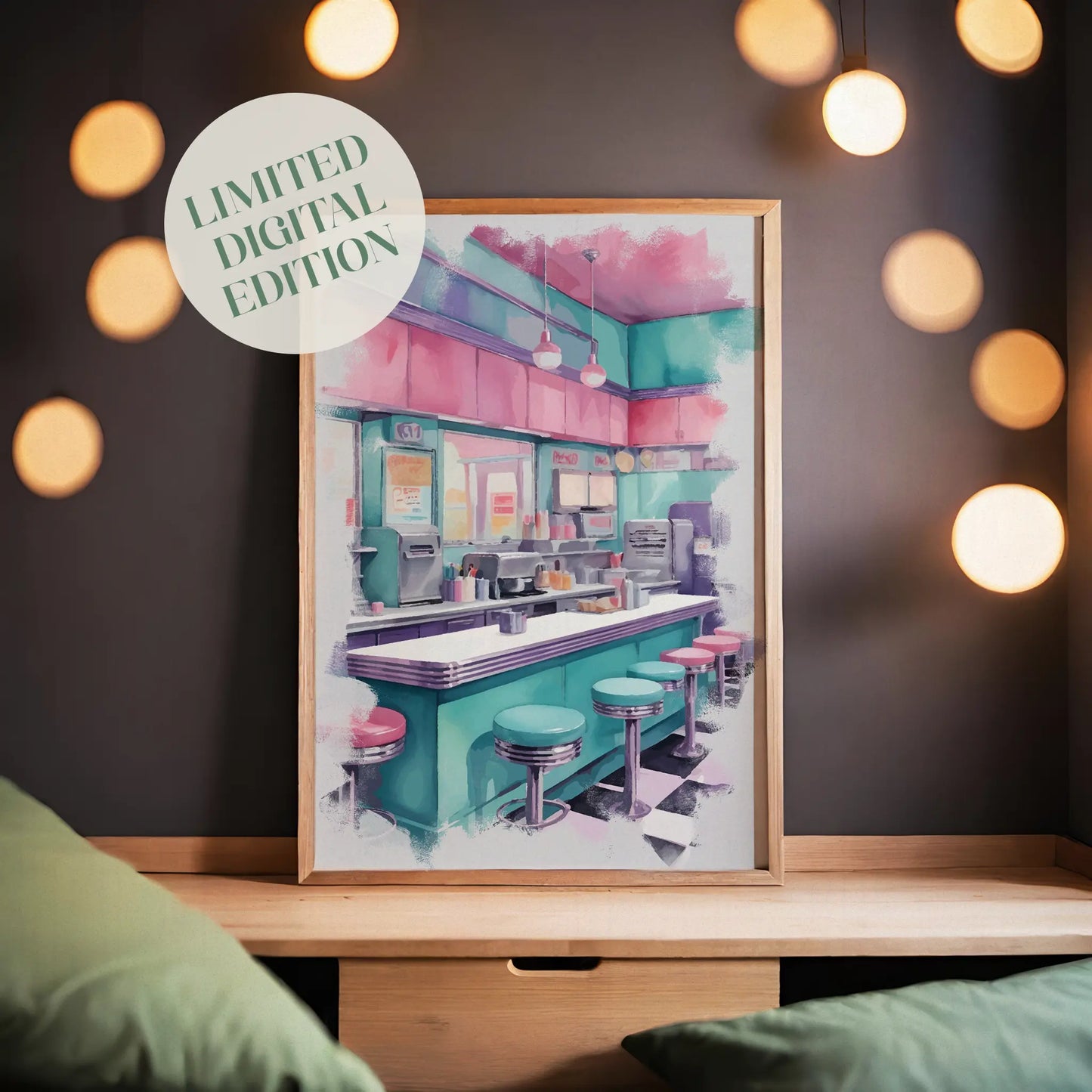 Retro American diner interior illustrated in soft pastel tones, featuring a teal counter, pink and turquoise bar stools, hanging pendant lights, and classic checkerboard flooring. The nostalgic 1950s-style diner scene creates a cozy, vintage atmosphere with a modern aesthetic twist. Digital Download. Printable Wall Art.