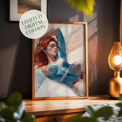 Modern printable wall art of a reclining woman with red hair, painted in an abstract style with blue and beige body tones, ideal for bold, contemporary interior decor