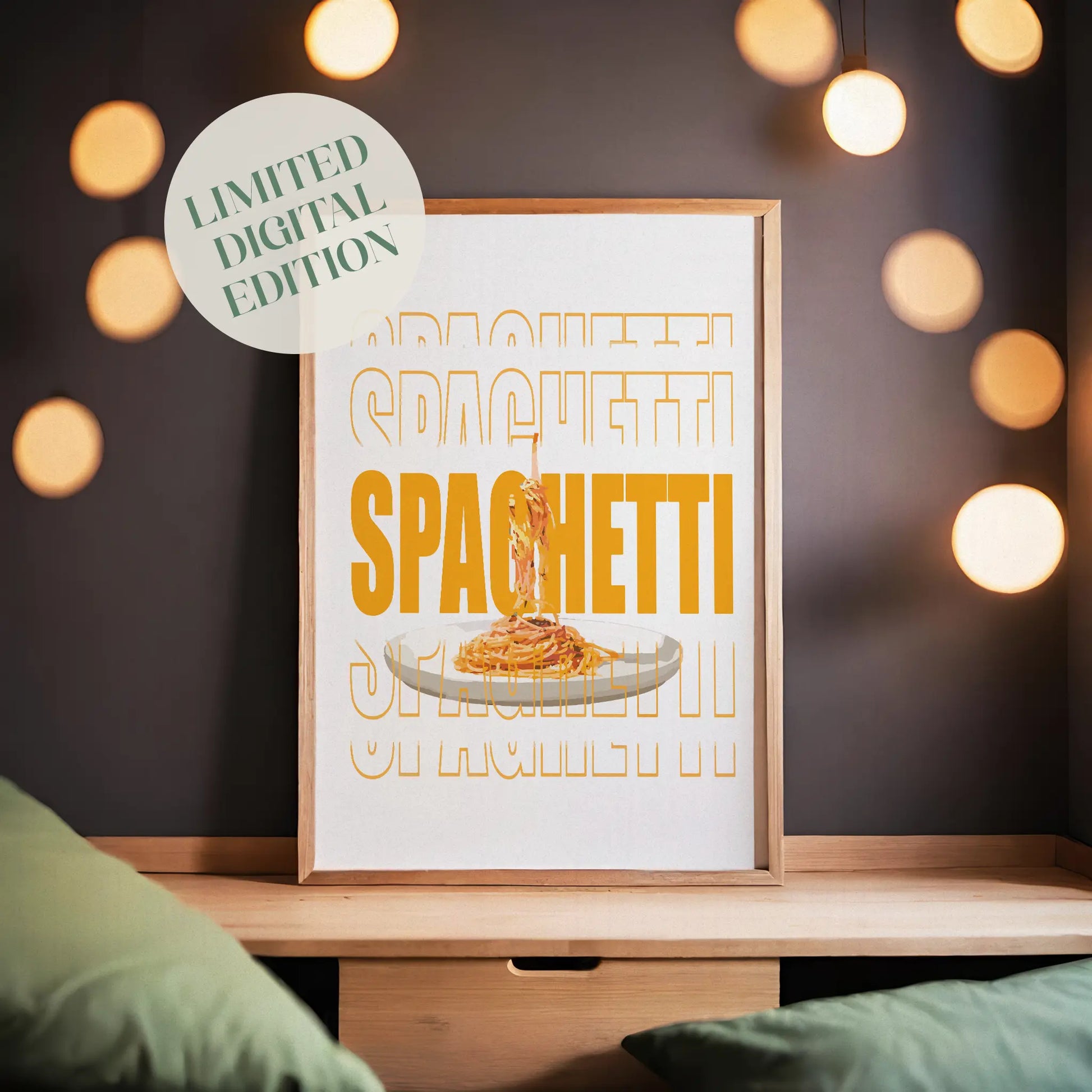 Modern printable wall art featuring a plate of spaghetti suspended mid-air, overlaid with bold, graphic text reading ‘SPAGHETTI’ in large orange typography, perfect for kitchen decor or food lovers