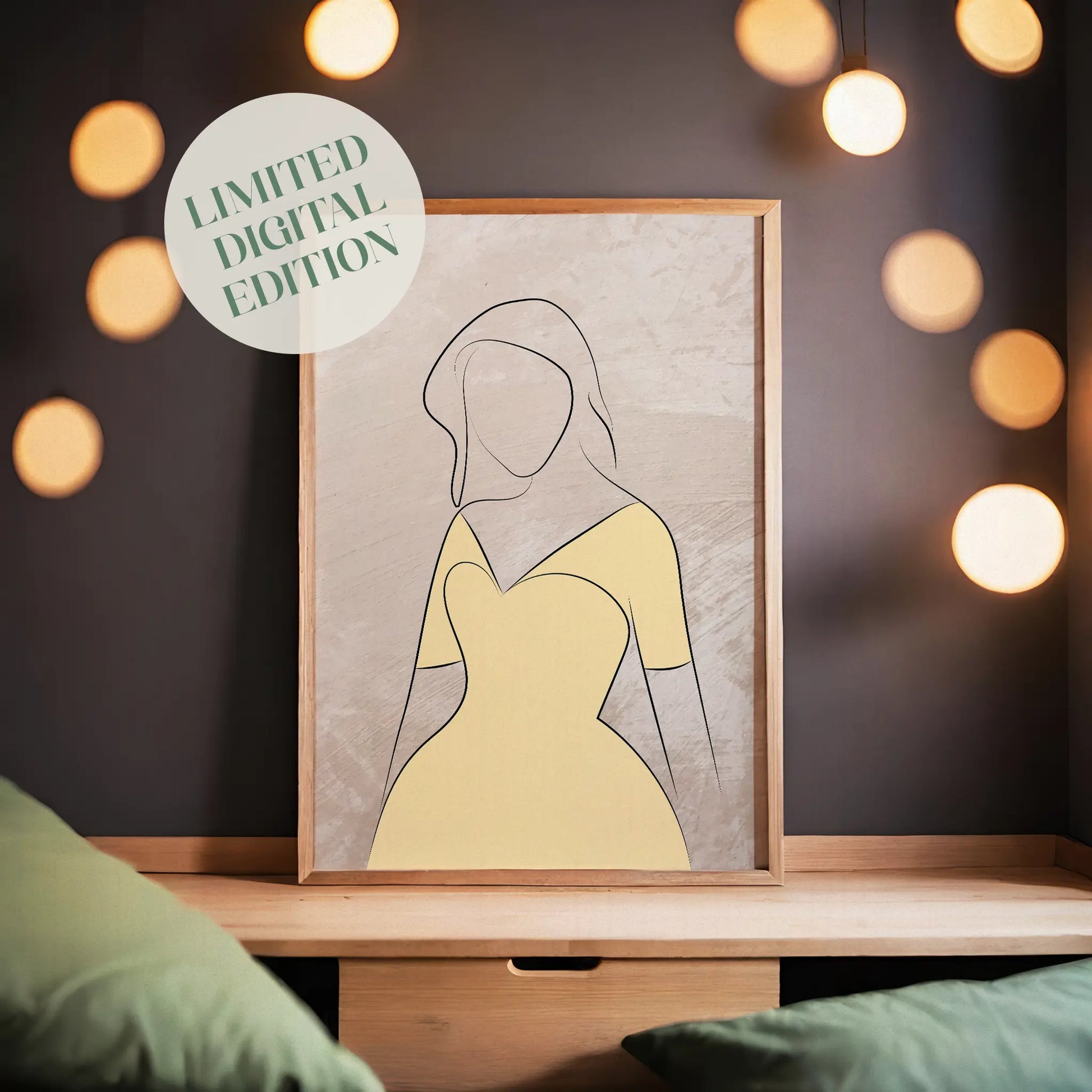 Minimalist printable wall art featuring a graceful line drawing of a woman in a soft yellow dress, set against a textured neutral background with natural light shadows, perfect for elegant, modern, and feminine interior styles