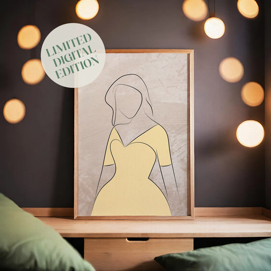Minimalist printable wall art featuring a graceful line drawing of a woman in a soft yellow dress, set against a textured neutral background with natural light shadows, perfect for elegant, modern, and feminine interior styles