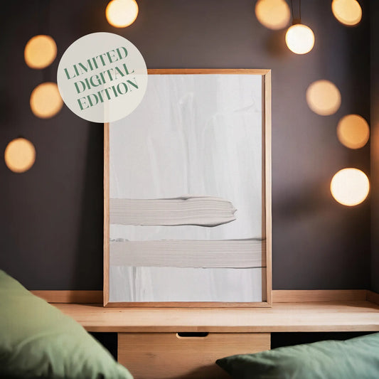 Minimalist abstract printable wall art featuring textured horizontal brushstrokes in soft beige on a light cream background, with gentle shadows for a serene and modern aesthetic