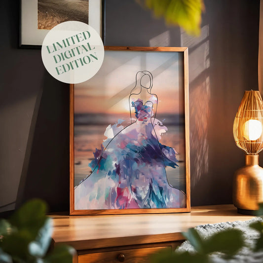 Elegant printable wall art featuring a minimalist line drawing of a woman in a flowing, abstract watercolour gown with vibrant purples, blues, and pinks, set against a serene sunset beach background, perfect for modern, fashion-inspired interiors