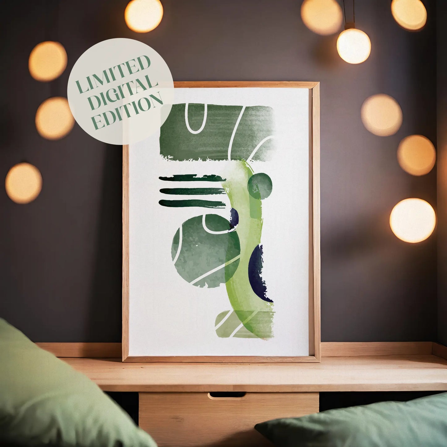 Modern abstract printable wall art featuring layered geometric shapes and textured brushstrokes in earthy green tones with subtle white accents, perfect for minimalist, nature-inspired, or contemporary spaces