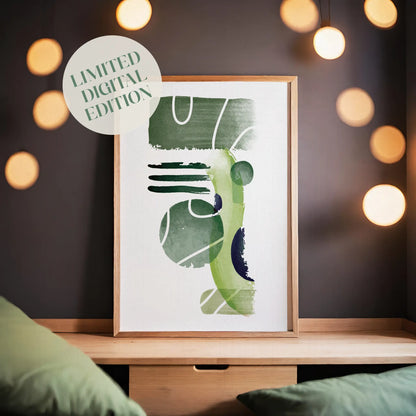 Modern abstract printable wall art featuring layered geometric shapes and textured brushstrokes in earthy green tones with subtle white accents, perfect for minimalist, nature-inspired, or contemporary spaces