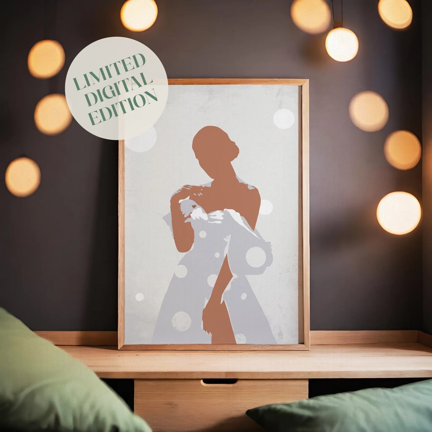 Minimalist printable wall art featuring a stylised silhouette of a woman in a flowing polka-dot dress, with soft shadows and neutral tones, evoking elegance and quiet confidence, perfect for chic, modern interiors