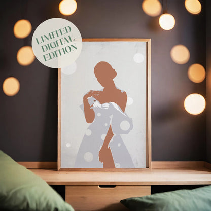 Minimalist printable wall art featuring a stylised silhouette of a woman in a flowing polka-dot dress, with soft shadows and neutral tones, evoking elegance and quiet confidence, perfect for chic, modern interiors