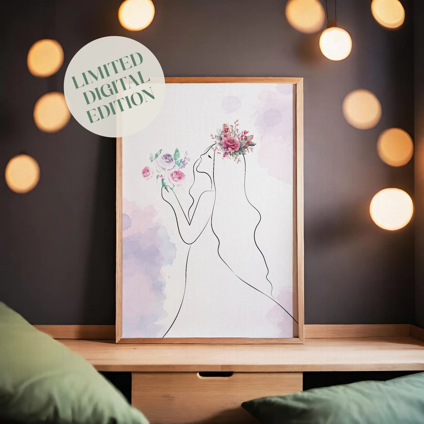 Minimalist line art of a woman in profile holding a bouquet, adorned with watercolor-style floral crown and soft pastel watercolor background, feminine printable wall art for romantic or boho interiors.