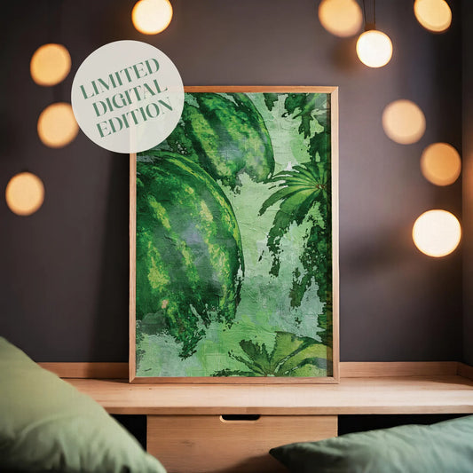 Rustic watercolor-style printable wall art featuring ripe green watermelons and lush leafy vines, ideal for kitchen, market, or farmhouse-themed decor