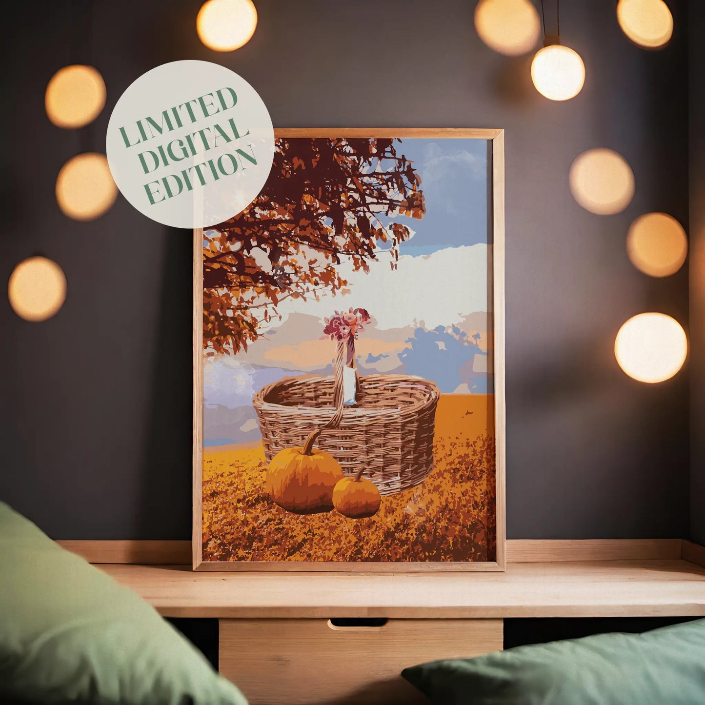 Autumn-themed printable wall art featuring a wicker basket, two pumpkins, and a tree with orange leaves under a pastel sky - perfect for cozy fall decor