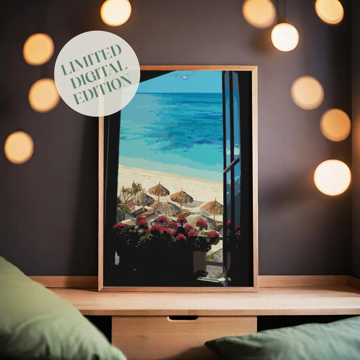 Coastal beach wall art featuring a tropical ocean view from an open window, with vibrant red flowers on the windowsill, straw beach umbrellas, lounge chairs, and crystal-clear turquoise water