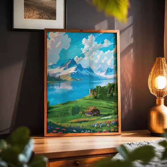 Vibrant digital painting of a scenic alpine landscape featuring a serene lake, snow-capped mountains, a cozy cottage, and blooming wildflowers - printable wall art for nature and travel lovers. 