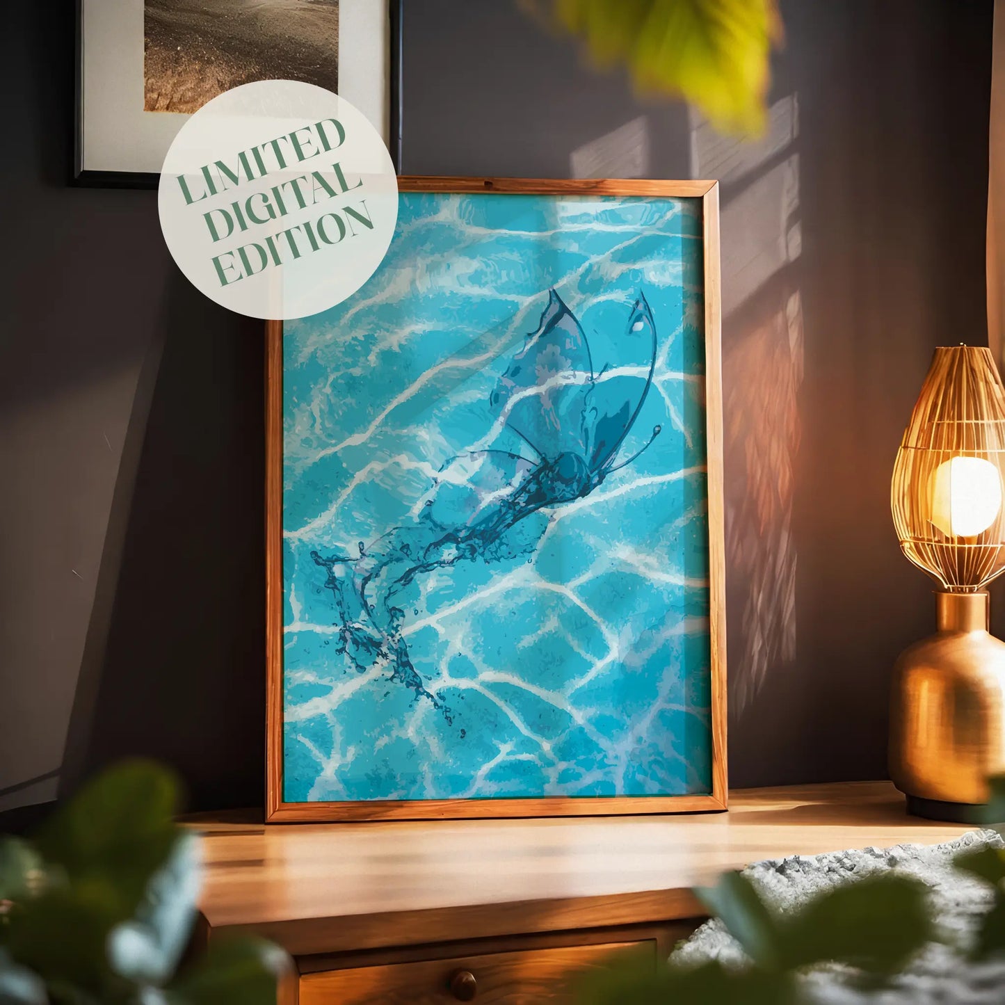 Abstract printable wall art featuring a transparent butterfly emerging from rippling turquoise water, perfect for serene, nature-inspired home decor