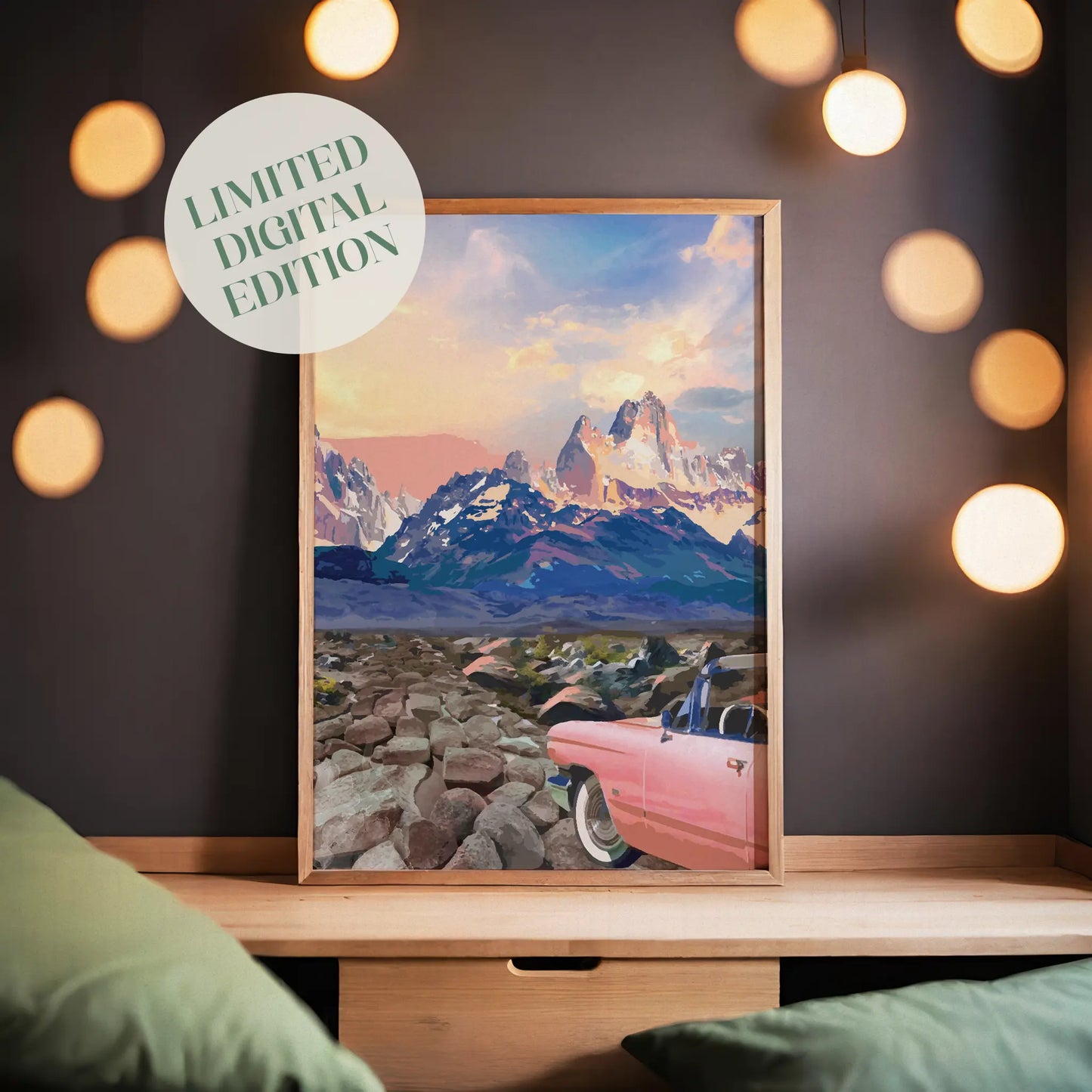 Vintage road trip wall art featuring a pink convertible parked on a rocky path with dramatic snow-capped mountains and a glowing pastel sunset sky in the background