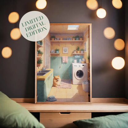 Cozy laundry room scene bathed in warm sunlight, featuring a fluffy Pomeranian sitting on a pink rug near a washing machine. The room has mint-green cabinets, yellow walls, potted plants on shelves, and a skylight that fills the space with a soft, inviting glow.
