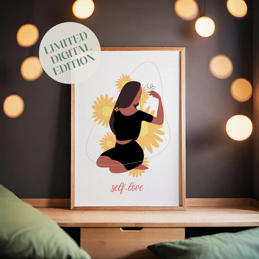 Minimalist printable wall art showcasing a woman in a black outfit surrounded by yellow daisies, holding a butterfly with the phrase 'self-love' below - perfect for empowering, self-care-themed home decor