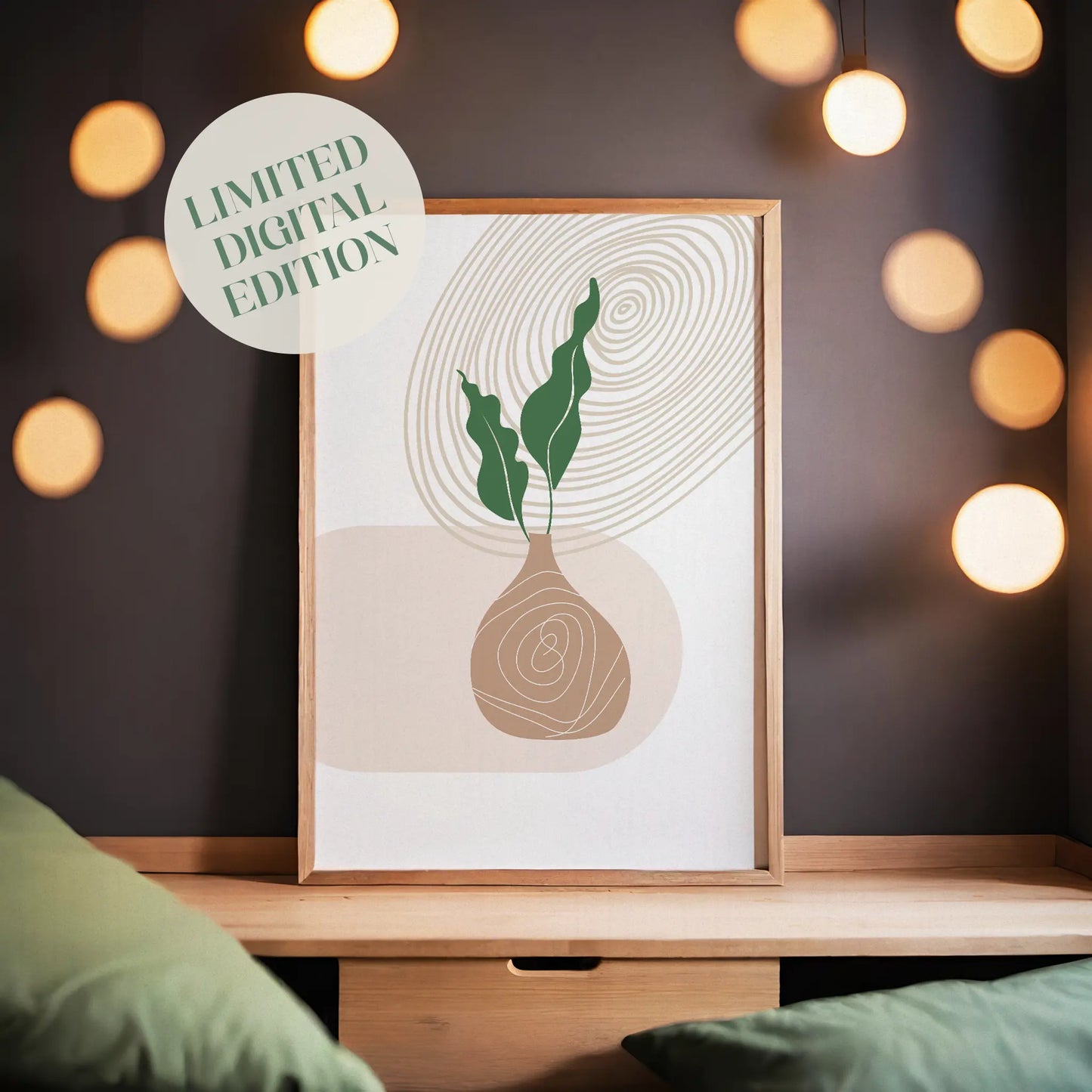 Modern abstract printable wall art featuring a minimalist plant in a bulb-shaped vase with organic line detailing, ideal for boho, Scandinavian, or nature-inspired home decor.