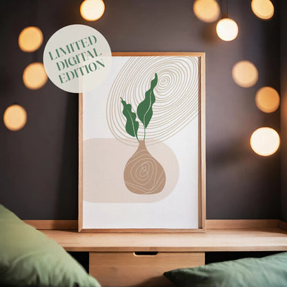 Modern abstract printable wall art featuring a minimalist plant in a bulb-shaped vase with organic line detailing, ideal for boho, Scandinavian, or nature-inspired home decor.