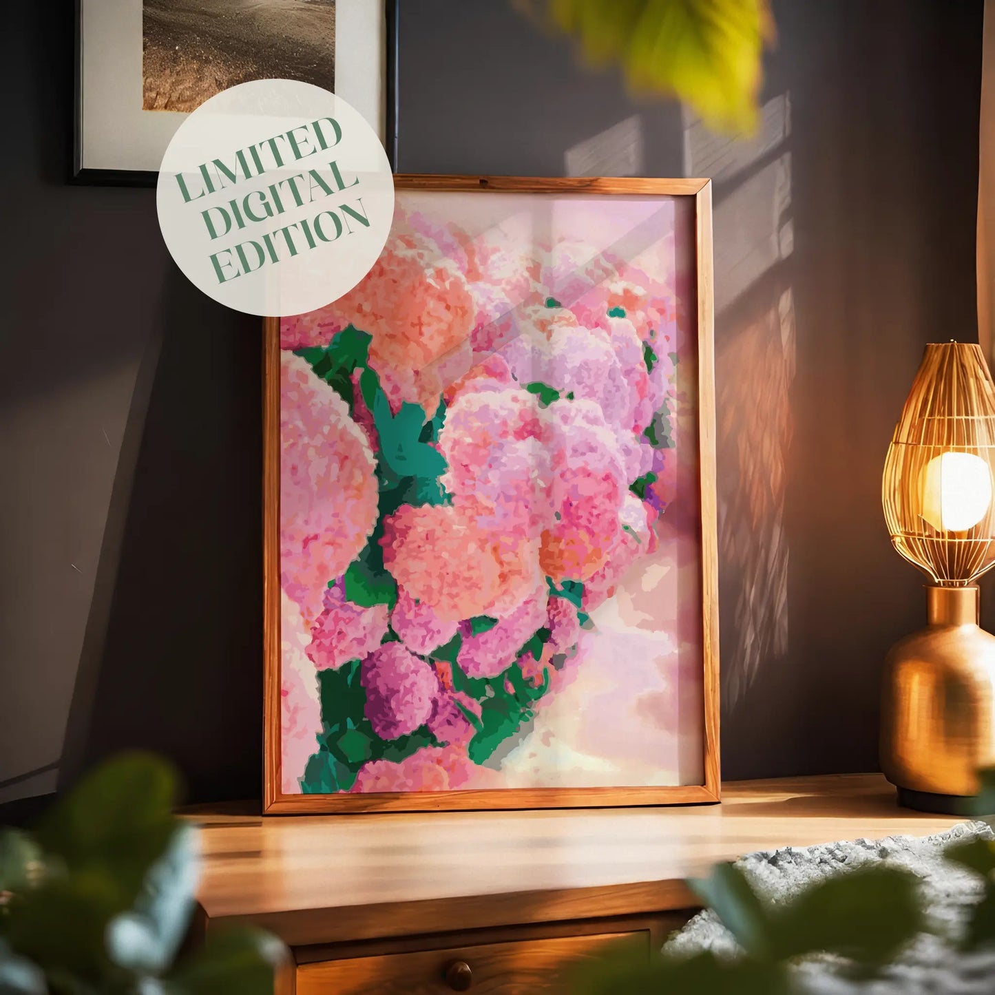 Vibrant printable wall art featuring a dreamy cluster of pink, peach, and lavender hydrangea flowers with rich green leaves, softened with painterly brushstrokes for a romantic, abstract feel.