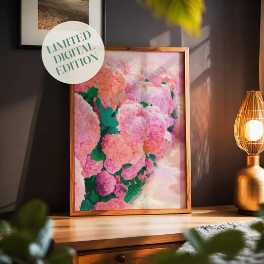 Vibrant printable wall art featuring a dreamy cluster of pink, peach, and lavender hydrangea flowers with rich green leaves, softened with painterly brushstrokes for a romantic, abstract feel.