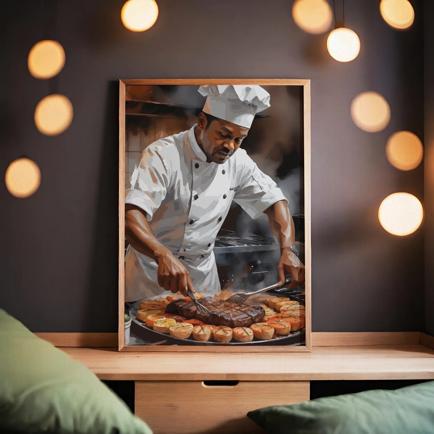 Digital wall art of a chef in uniform grilling steak and vegetables, surrounded by steam and rich kitchen ambiance.