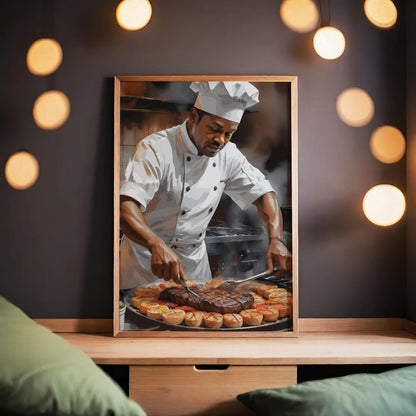 Digital wall art of a chef in uniform grilling steak and vegetables, surrounded by steam and rich kitchen ambiance.