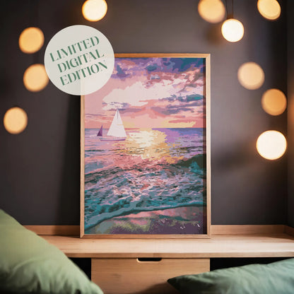 Romantic ocean sunset wall art featuring sailboats gliding across colorful waves under a glowing pink and purple sky, with sunlight reflecting beautifully on the water’s surface