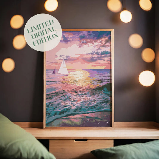 Romantic ocean sunset wall art featuring sailboats gliding across colorful waves under a glowing pink and purple sky, with sunlight reflecting beautifully on the water’s surface