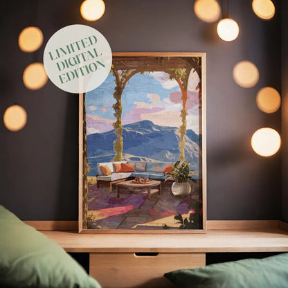 Elegant terrace view wall art featuring a cozy outdoor lounge with colorful cushions, a round coffee table, potted plant, and panoramic mountain scenery under soft sunset skies framed by ivy-covered arches