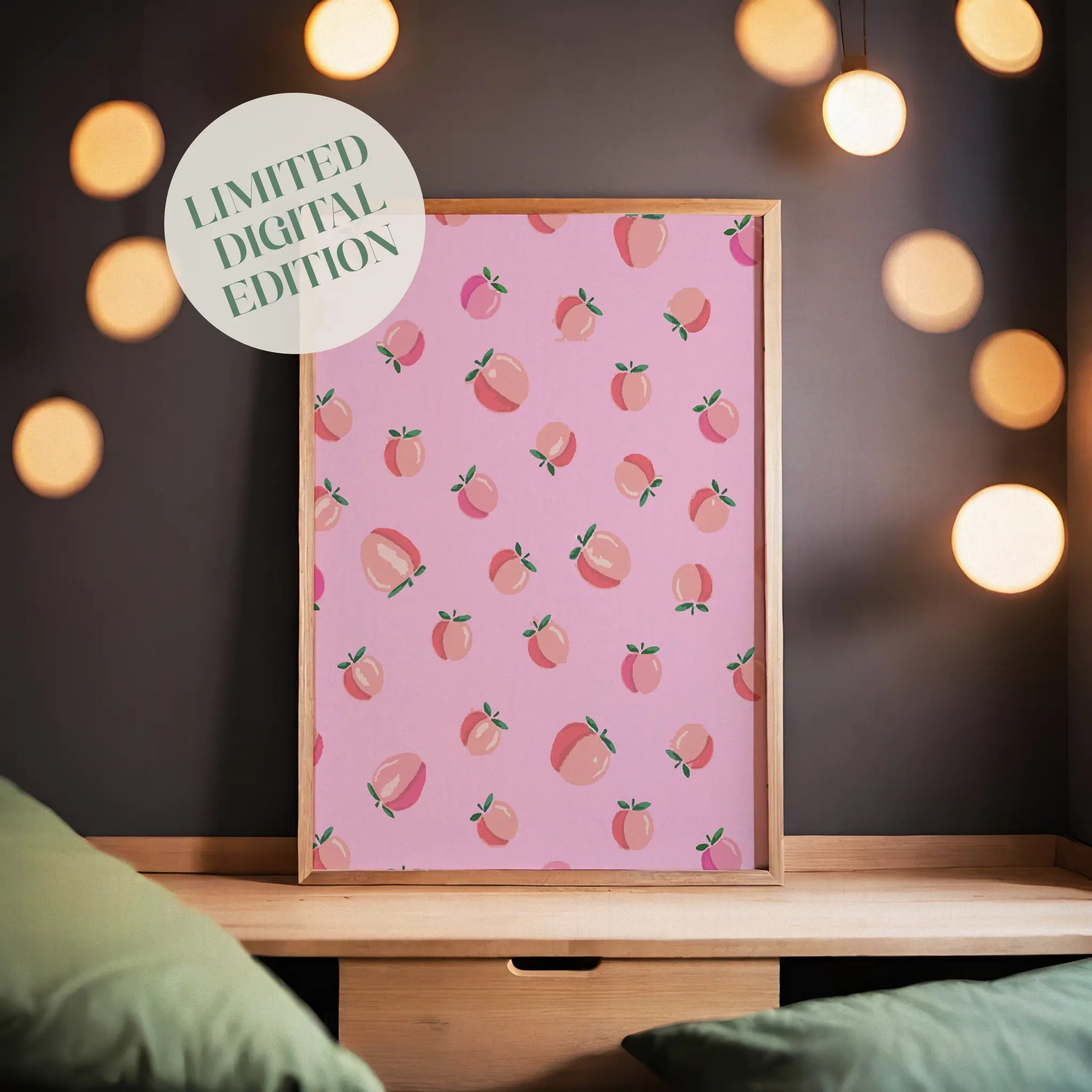 Playful pink wall art featuring a seamless pattern of illustrated peaches with green leaves, perfect for kitchens, nurseries, or fruity-themed decor