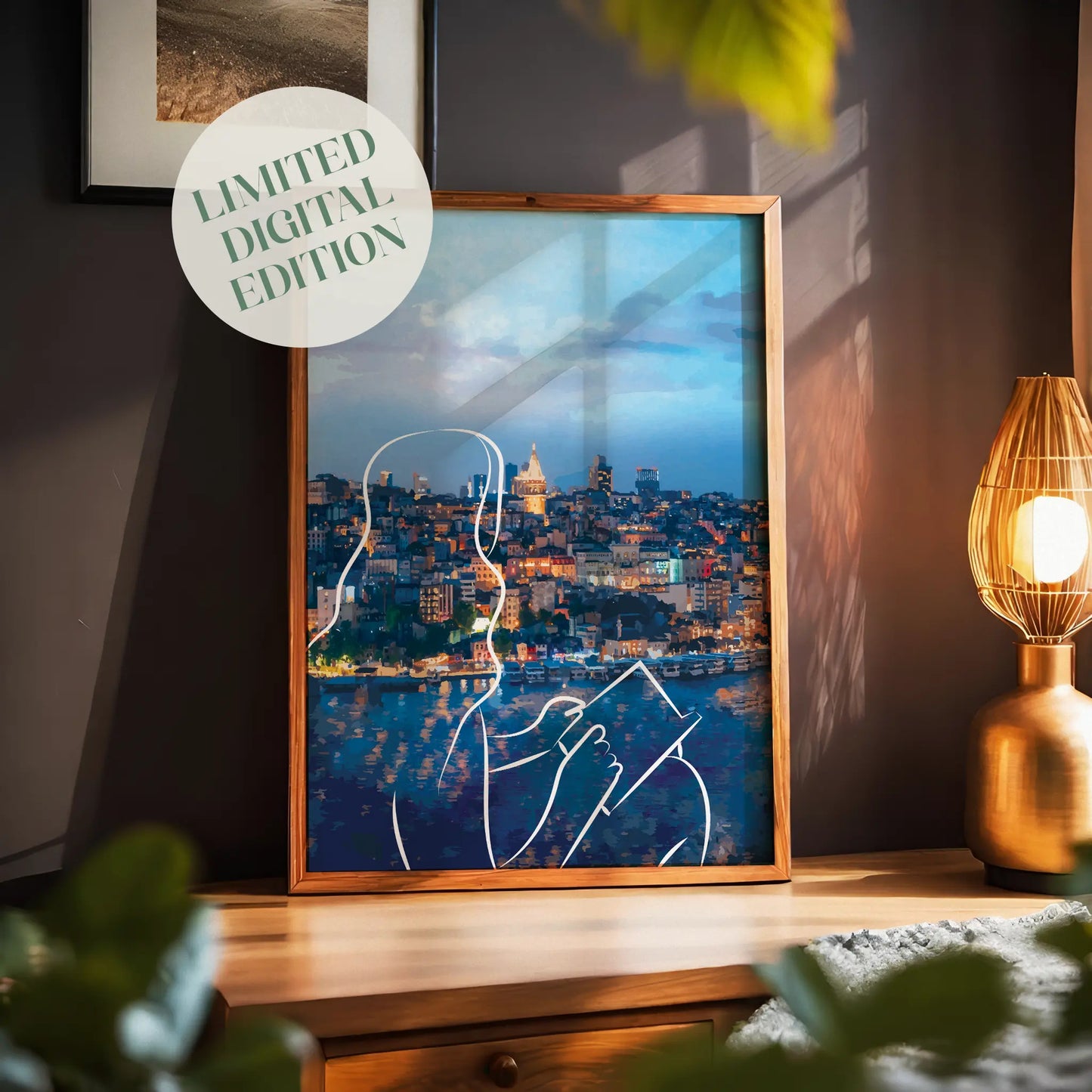 Scenic printable wall art featuring a glowing cityscape at dusk with an abstract white line drawing of a woman holding a book overlaying the waterfront view, a perfect blend of wanderlust, calm, and urban charm.