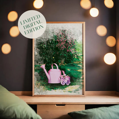 Charming garden wall art featuring a pastel pink watering can with a bouquet of purple flowers, set against lush greenery and blooming pink bushes on a sunlit garden path