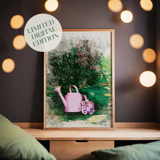 Charming garden wall art featuring a pastel pink watering can with a bouquet of purple flowers, set against lush greenery and blooming pink bushes on a sunlit garden path