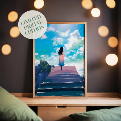 Surreal printable wall art of a woman walking up glowing pink steps into a bright, heavenly sky with sun rays and fluffy clouds, perfect for dreamy and inspirational home decor