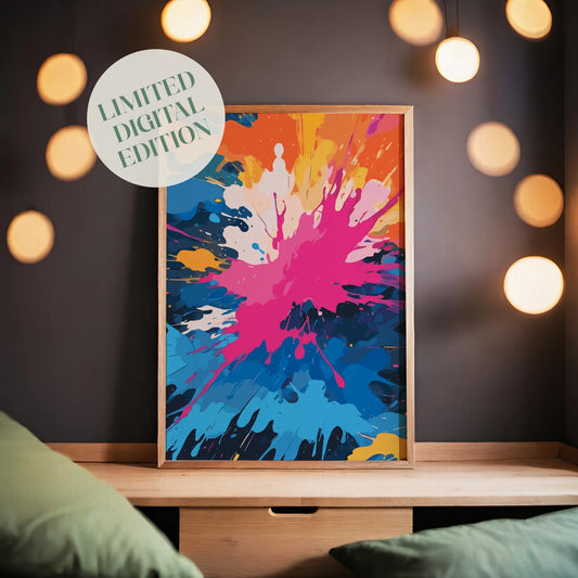 Vibrant abstract printable wall art featuring an explosive splash of bold colours including pink, blue, orange, yellow, and white, perfect for energising modern interiors or creative spaces