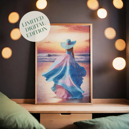 Elegant printable wall art of a woman in a flowing pastel pink and blue dress with a matching wide-brimmed hat, walking along the beach at sunset with soft waves and a glowing sky - perfect for feminine, coastal, or romantic-themed decor