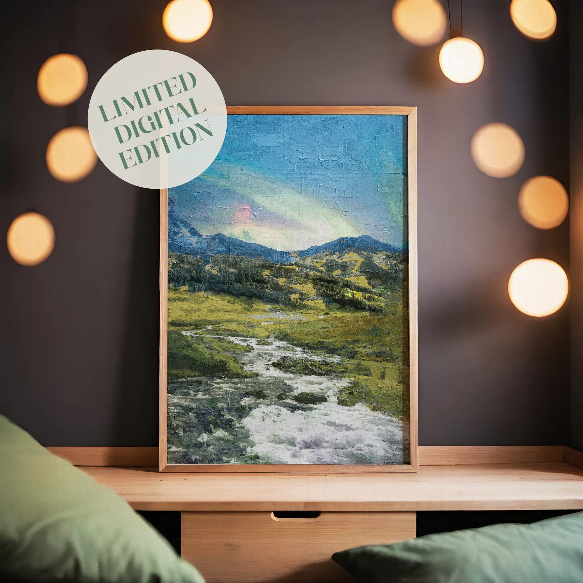 Rustic mountain valley wall art featuring a flowing stream winding through grassy hills and rocky terrain, with forested slopes and a soft, colorful sky above the distant peaks