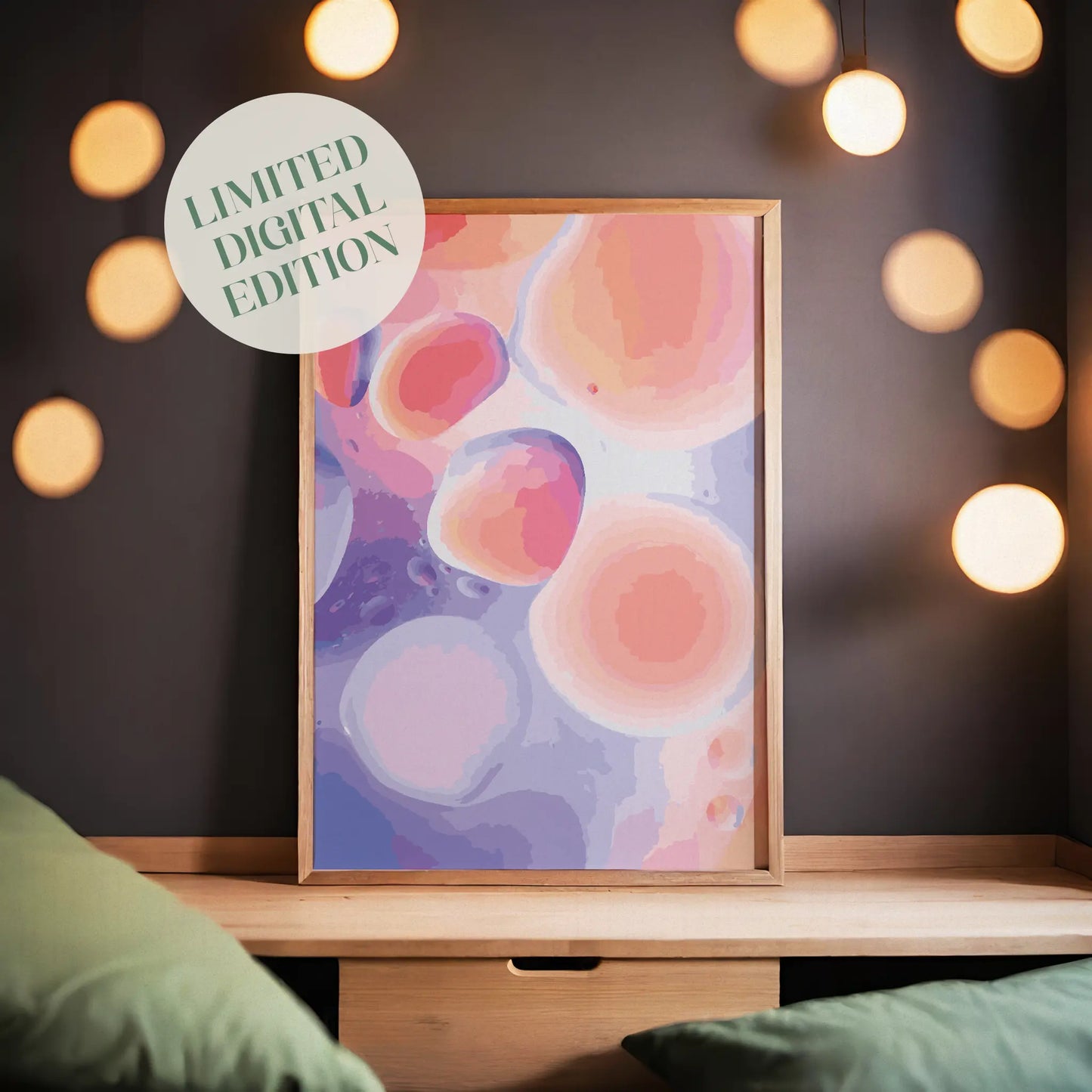 Dreamy abstract printable wall art featuring soft, fluid shapes in pink, peach, lavender, and coral tones, creating a calming, ethereal effect perfect for modern or pastel-themed interiors