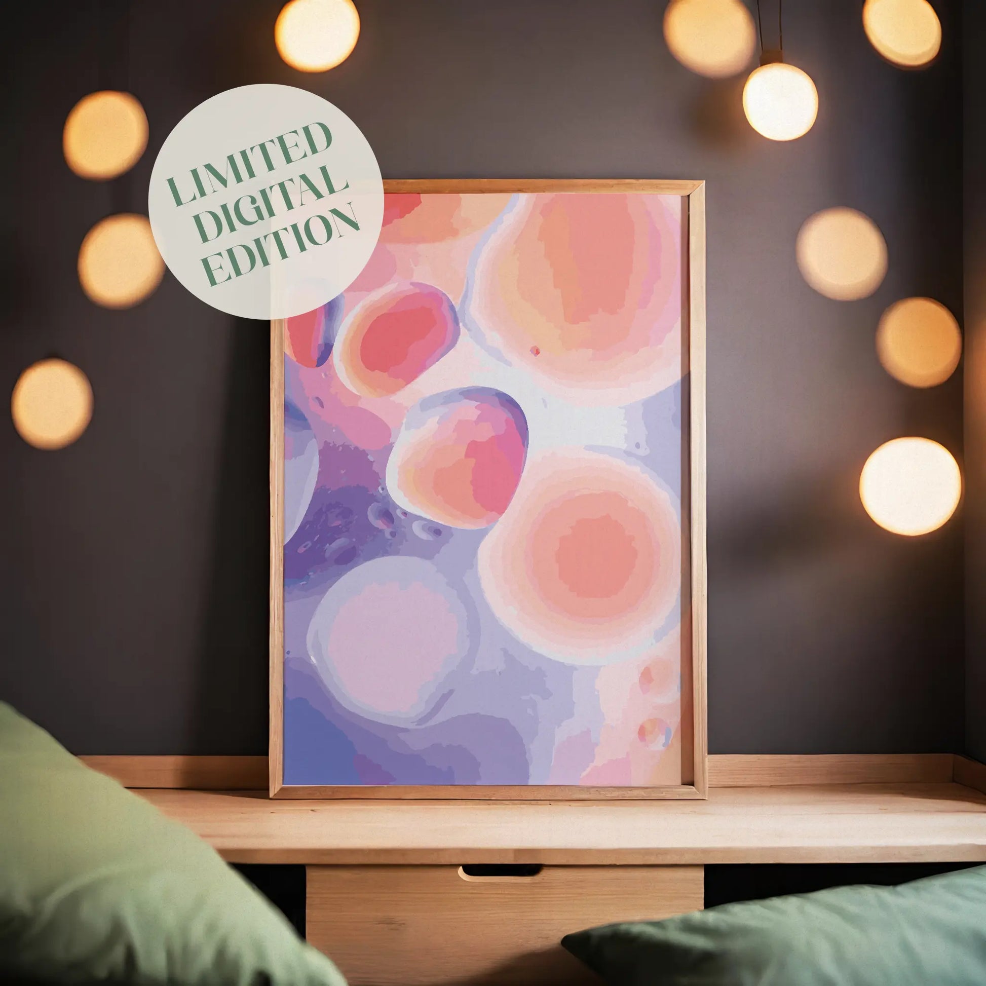 Dreamy abstract printable wall art featuring soft, fluid shapes in pink, peach, lavender, and coral tones, creating a calming, ethereal effect perfect for modern or pastel-themed interiors
