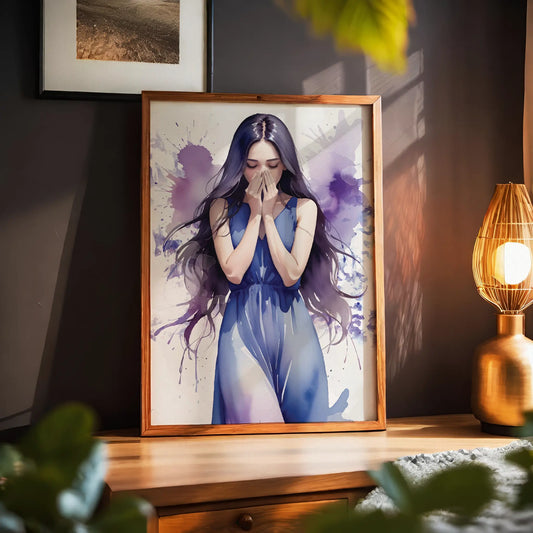 Emotional watercolor-style illustration of a woman in a flowing blue dress covering her face, with expressive purple and blue paint splashes, expressive printable wall art evoking deep feelings and introspection