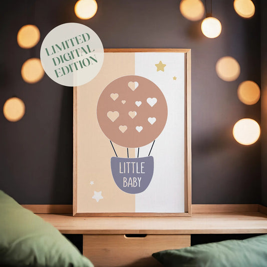 Minimalist nursery wall art featuring a pastel hot air balloon with heart shapes and the phrase "Little Baby", perfect for baby rooms, gender-neutral decor, or baby shower gifts.