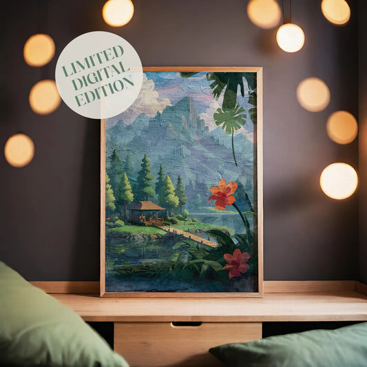 Tropical forest-themed printable wall art featuring a peaceful wooden cabin by a lake, surrounded by pine trees and distant misty mountains, with large tropical leaves and vibrant red-orange flowers in the foreground - perfect for nature lovers, retreat-inspired, or jungle-style decor