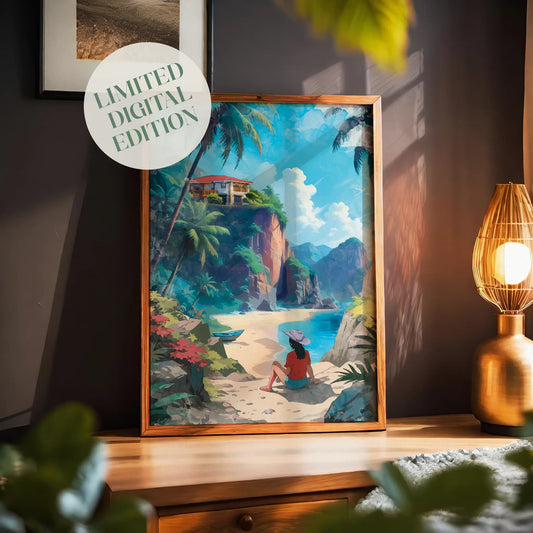 Tropical beach escape printable wall art featuring a woman in a sunhat sitting on a sandy shore, gazing at a luxury villa perched atop a lush cliff surrounded by palm trees, with turquoise waters and mountains in the background, perfect for vacation, wanderlust, or coastal-inspired decor