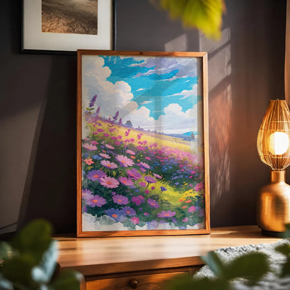 Vibrant printable wall art of a dreamy wildflower field in full bloom, featuring purple, pink, and blue blossoms under a bright blue sky with fluffy clouds, evoking warmth, joy, and a touch of whimsy