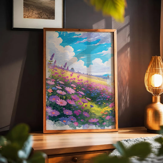 Vibrant printable wall art of a dreamy wildflower field in full bloom, featuring purple, pink, and blue blossoms under a bright blue sky with fluffy clouds, evoking warmth, joy, and a touch of whimsy
