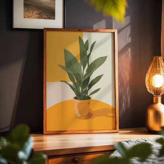 Modern printable wall art of a green potted plant on a vibrant orange table, with bold geometric background in yellow and cream tones - ideal for minimalist or contemporary decor