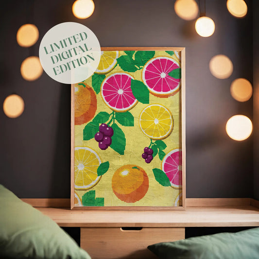 Printable wall art featuring a colorful fruit pattern with sliced grapefruits, oranges, lemons, and clusters of purple grapes on a textured yellow background, perfect for playful kitchen or summer-themed decor
