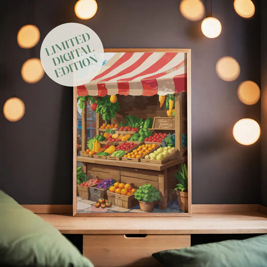 Printable wall art of a vibrant farmers market fruit and vegetable stand under a red and white striped canopy, filled with fresh produce like tomatoes, bananas, greens, oranges, and peppers, perfect for kitchen, market-style, or rustic home decor
