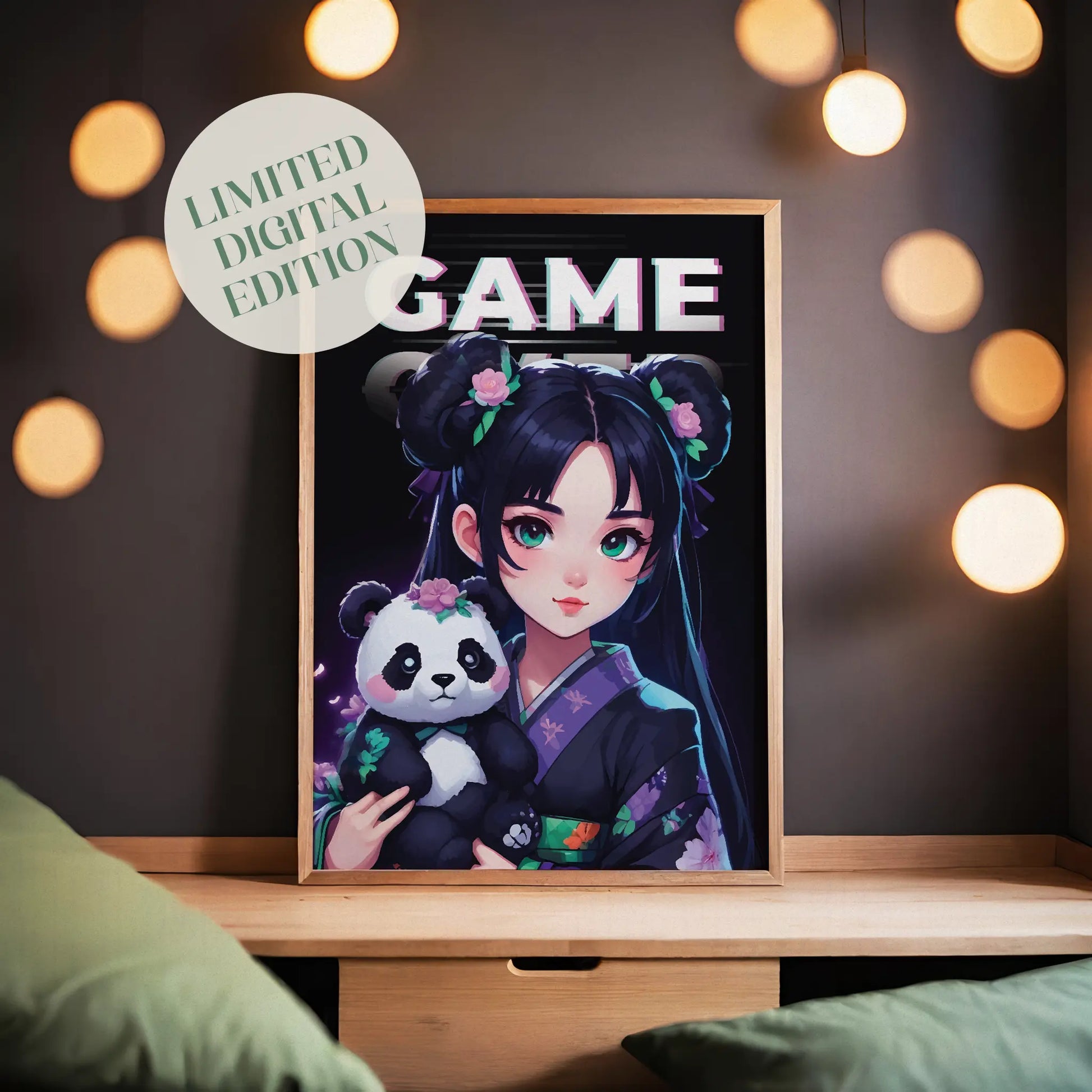 Anime-style gamer girl in a floral kimono holding a cute panda plush, with the word 'GAME' in glitch text above, vibrant, kawaii-inspired printable wall art for gamers and anime lovers