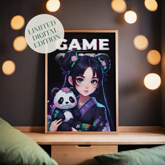 Anime-style gamer girl in a floral kimono holding a cute panda plush, with the word 'GAME' in glitch text above, vibrant, kawaii-inspired printable wall art for gamers and anime lovers